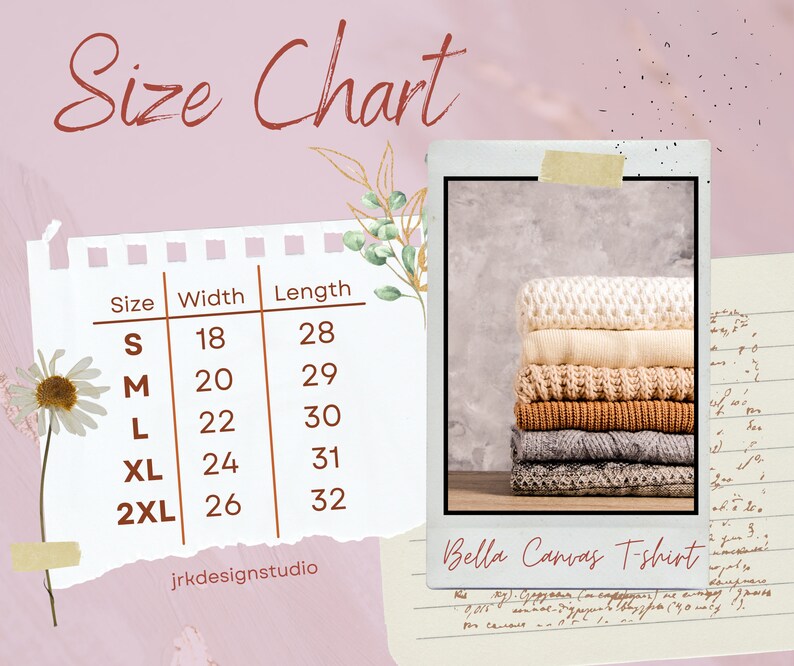 Op de afbeelding: Maattabel voor Bella Canvas T-shirts, met afmetingen in centimeters. De tabel geeft de maten S tot en met 2XL weer, met bijbehorende breedtes en lengtes. Een stapel opgevouwen truien op de achtergrond. De tekst "Size Chart" staat bovenaan.