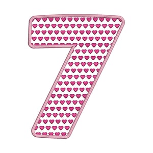 7th Birthday Applique Cute Love heart 7 Number Instant Digital Download Stitch Design - 0052