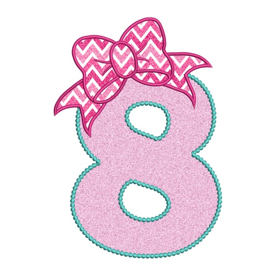 8 Birthday Applique Cute Bow 8th Number Instant Digital