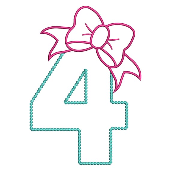 4 Birthday Applique Cute Bow 4th Number Instant Digital