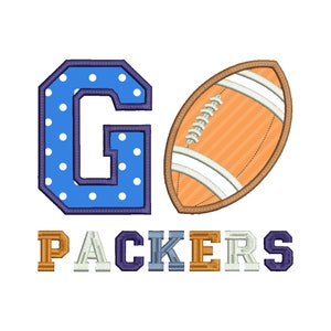 May include: Go Packers! An embroidered design featuring a blue letter G with white polka dots, a brown and orange football, and the word "PACKERS" in various colors.