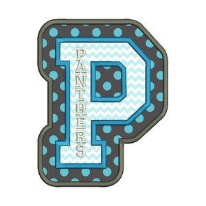May include: A blue and white felt letter P with a chevron pattern and a gray polka dot background. The word "PANTHERS" is written vertically on the left side of the letter.