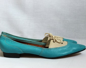 Vintage Chic Teal Flats//Women's Classy Leather Oxfords