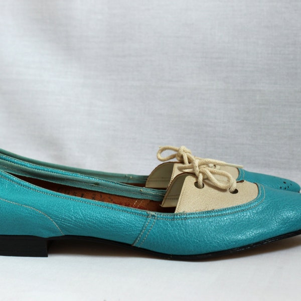 Vintage Chic Teal Flats//Women's Classy Leather Oxfords