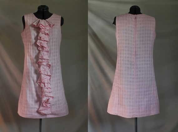 Ruffled Sundress//Pink Shift//Cotton//60s Vintage/
