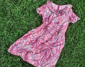 Plus Size Deep Pink Sheath/Patterned Sundress/Ruffled dress/Size L/12/14/Rinestone Detail