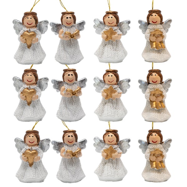 Angel Christmas Ornaments - Set of 12 Angels In White Dresses & Silver Wings - Angel Decorations Holding Hearts and Stars  #2078-O