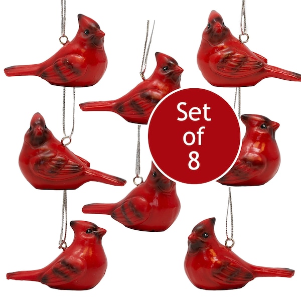 Cardinal Christmas Ornaments - Set of 8 Hanging Cardinals - 4 Assorted Styles - 3" long - Christmas Decorations - #2081