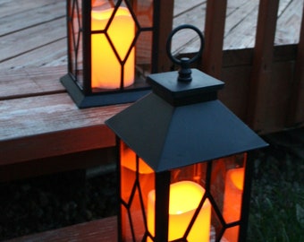 Decorative Lanterns - Black Lanterns with a Flameless LED Pillar Candle and 4 Hour Timer & Remote - Outdoor - Set of 2,  Each 13" H #9603-2