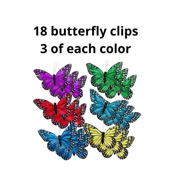 Butterfly Clip-Ons Decorations - Set of 18 Butterflies - Multiple Colors for Home Decorating and Crafting - Approx. 2" W x 1 1/4" H  #3639