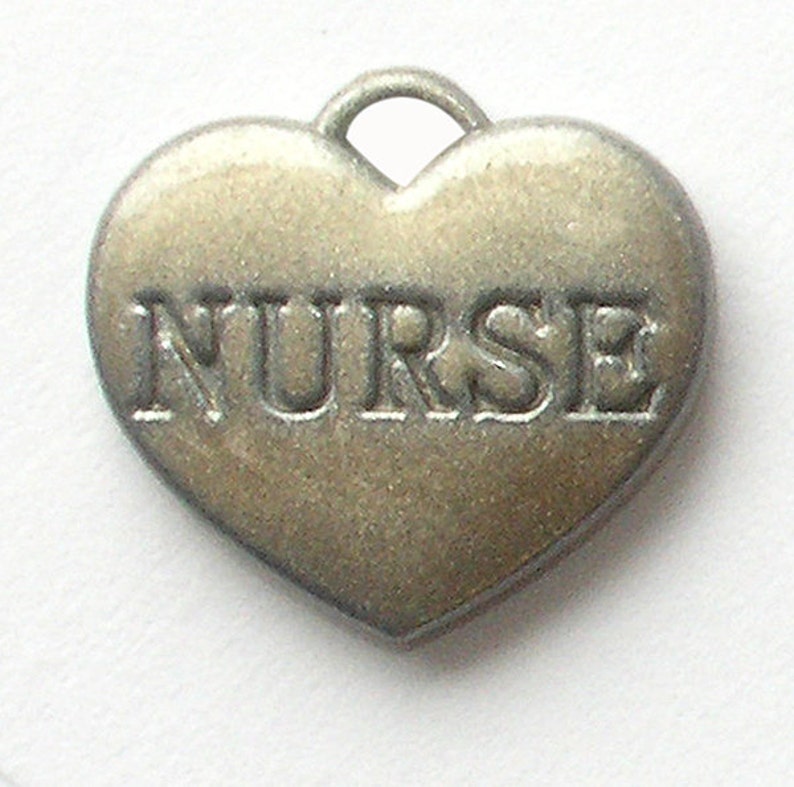 Nurse Heart Charms Set of 5 Brushed Silver Heart Charms with Nurse Engraved on Both Sides image 2