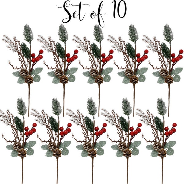 Berries Pine Cone Pick Decorations  White/Red Holly Berries Floral Sprays Bendable Stems  Wreaths Centerpieces Crafts  10 pcs #3428