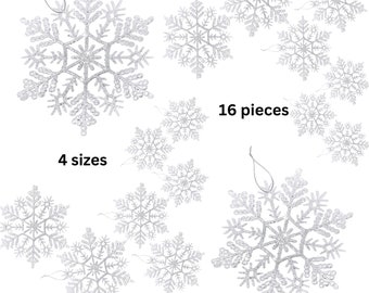 Large White Snowflake Ornaments - Set of 16 Assorted Sizes Measuring from 5" to 11" - White Glittered  -  #3454W