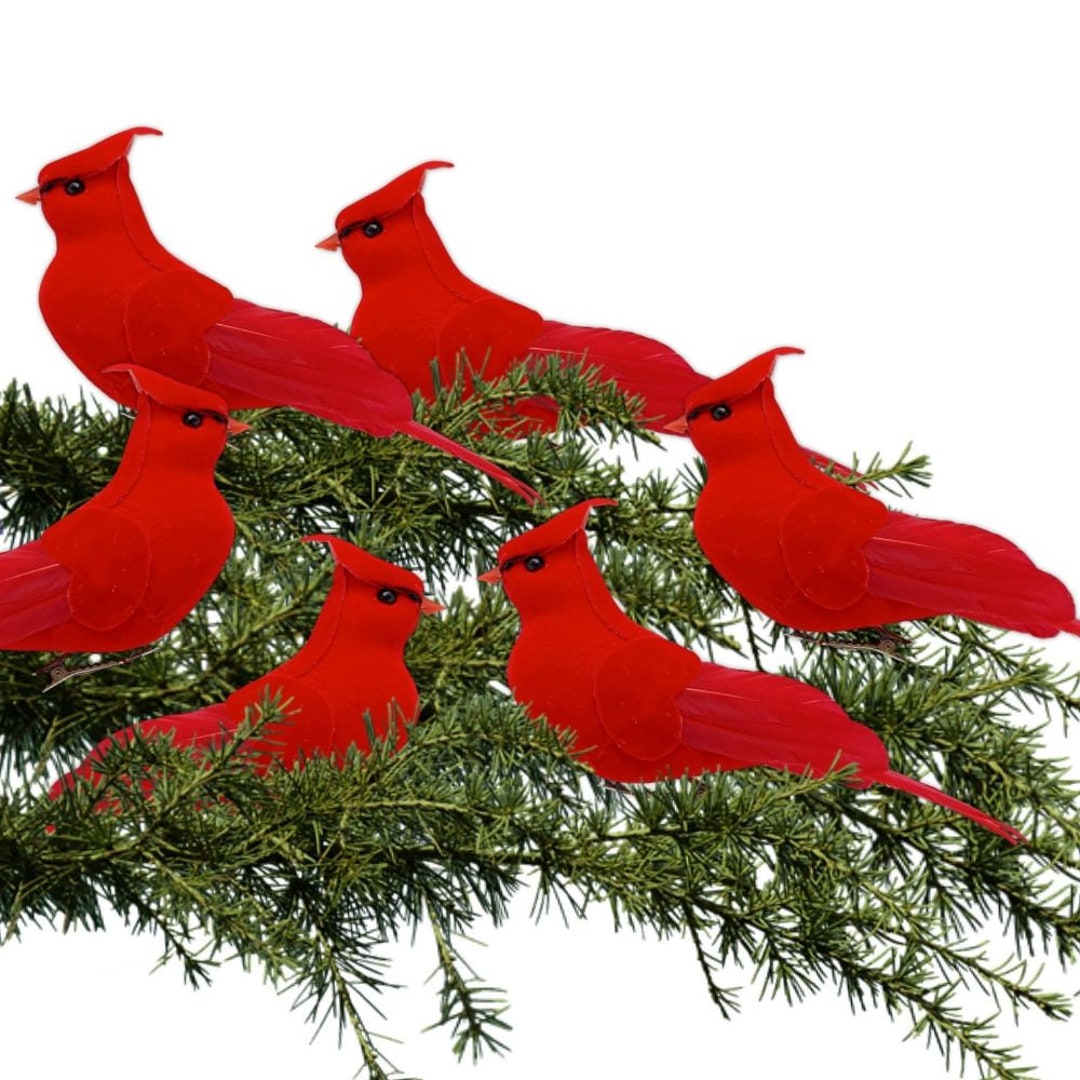 Cardinal Clip on Christmas Tree Ornament Bird Decorations Red Velvet