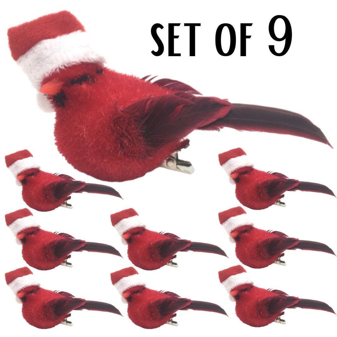 Cardinal Clipon Christmas Ornaments Set of 9 Red Cardinals With Santa