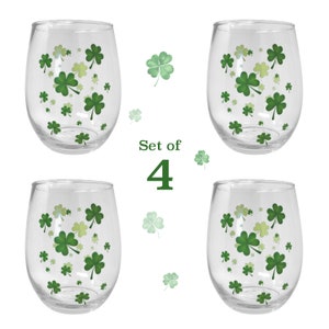 Shamrock Stemless Irish Wine Glasses - Set of 4 - St. Patrick's Day Celebration - Celtic Gifts 14oz  #6070