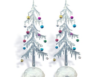 Light Up Tabletop Tree Set of Two - White Frosted Acrylic Trees with Jingle Bell Ornaments - LED Slow Color Changing Lights - 14"H  #9776-2