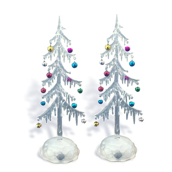 Light Up Tabletop Tree Set of Two - White Frosted Acrylic Trees with Jingle Bell Ornaments - LED Slow Color Changing Lights - 14"H  #9776-2