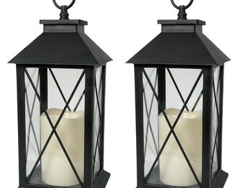 Black Decorative LED Lantern - Candle with 4 Hour Timer with Remote Controller - Hanging or Sitting Decoration - Set of 2 - 13"H  9604-2