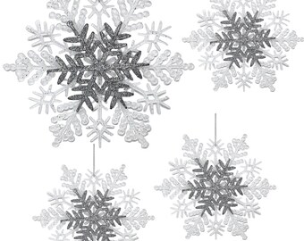 Snowflake Christmas Ornaments - Set of 4 White and Silver Glittered Snowflake Ornaments – Approx Size 8.5 Inch D - Christmas  Décor #3342