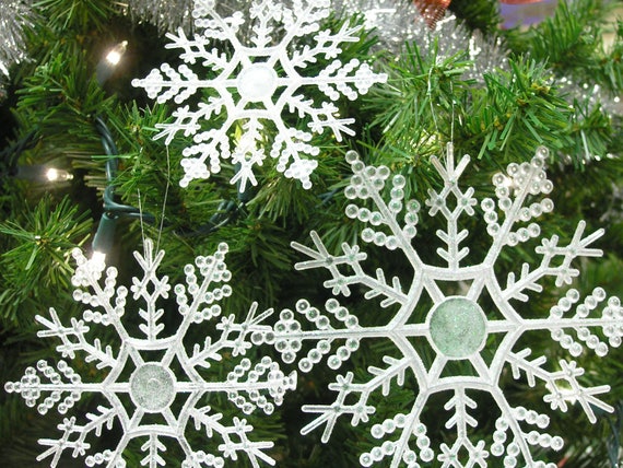 White Glittered Snowflake Christmas Ornaments - 42 Pieces - Assorted Sizes  of Small, Medium and Large Snowflakes