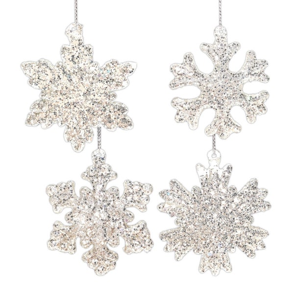 Snowflake Ornaments - Set of 4 Silver Glitter Covered Glass Christmas Ornaments Four Snowflake Styles – Holiday Tree Decorations 1913