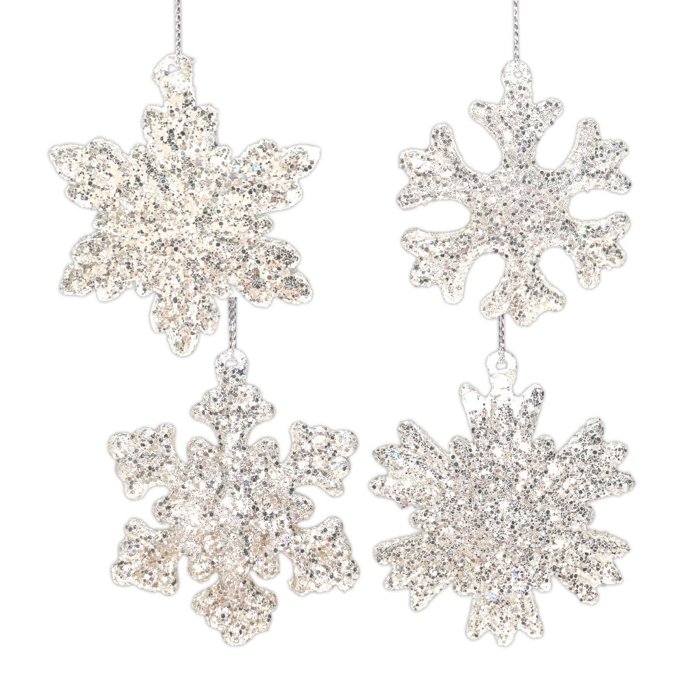 Set of 10 Sparkling SILVER Glitter 4 Snowflake Ornaments ~ Christmas