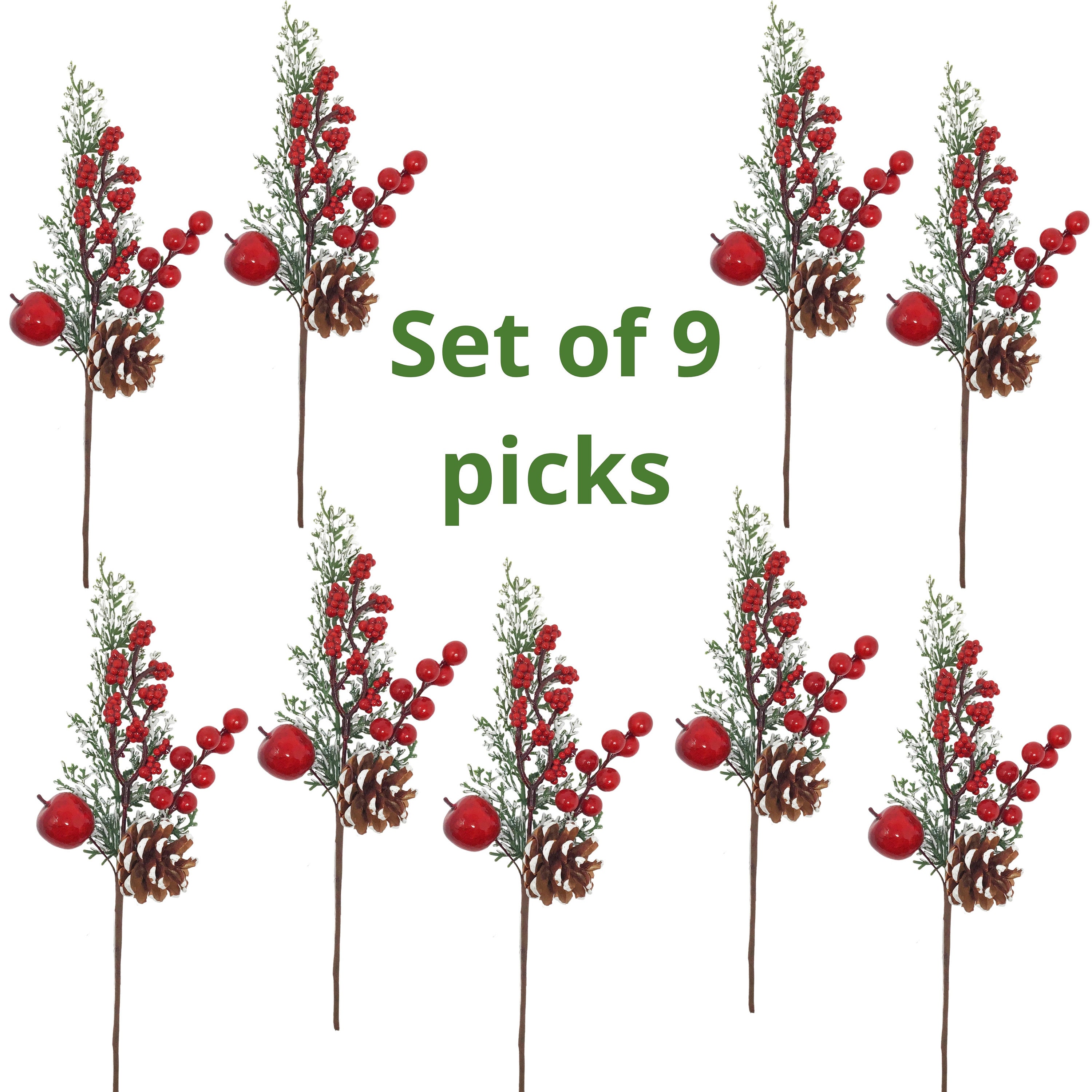 10PCS 9inch Christmas Floral Pine Cones, White Red Berry Stems, Artificial  Pine Branches with Snowflakes Flocked Floral Picks for Crafts DIY Holiday