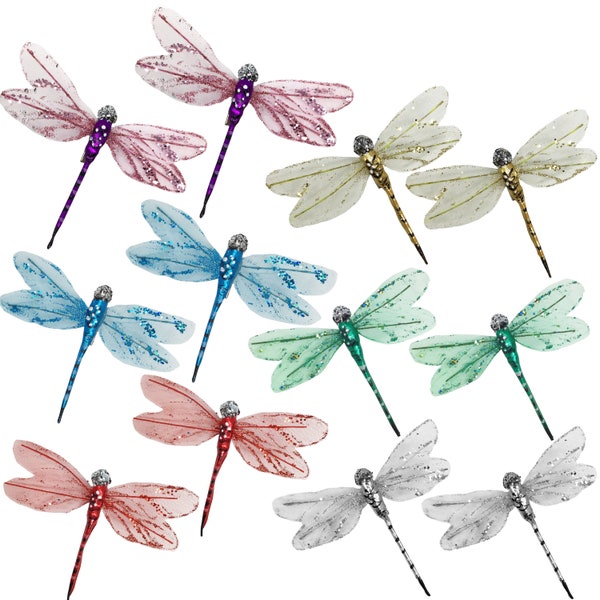 Dragonflies Set of 12 ClipOns for Floral Arrangements and Decorating 6 Colors of Dragonflies with Glitter Wings - #3620