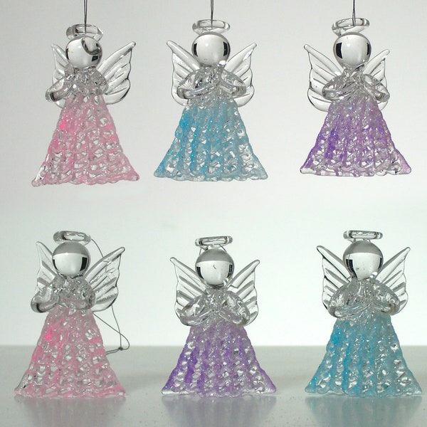 Glass Angel Decorations- Set of 6 Spun Glass Praying Angel Decorations - Pink, Purple and Blue Angels - Glass Angel Décor #1956