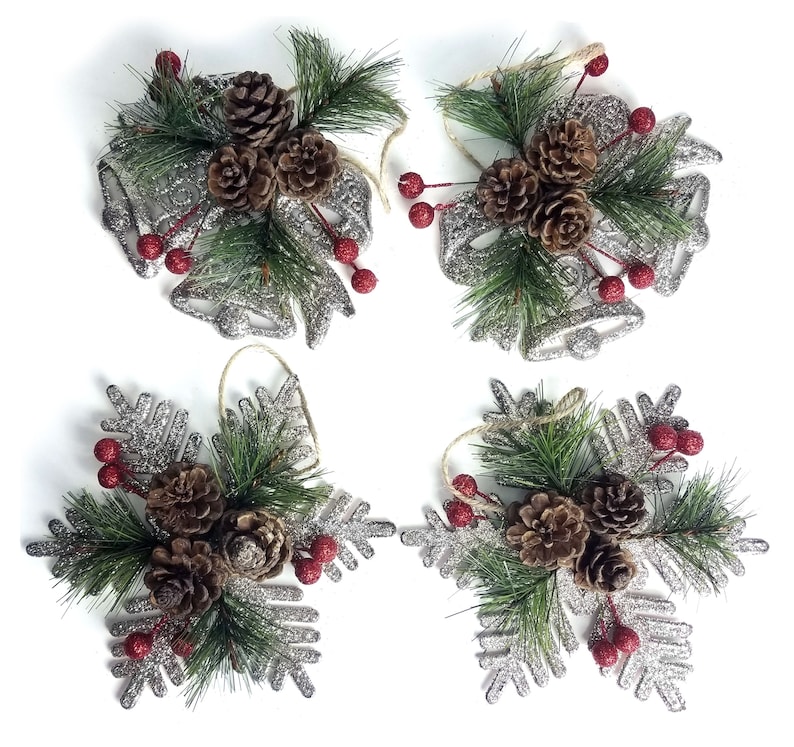 BANBERRY DESIGNS Pinecone Christmas Ornaments Xmas Farmhouse Décor Greenery and Red Berries Set of 8 Approximately 5 Wide Glittered Snowflakes and Bells with Pine Cones BANBERRY DESIGNS Pinecone Christmas Ornaments Xmas Farmhouse Décor Greenery and Red Berries Set of 8 Approximately 5 Wide Glittered Snowflakes and Bells with Pine Cones