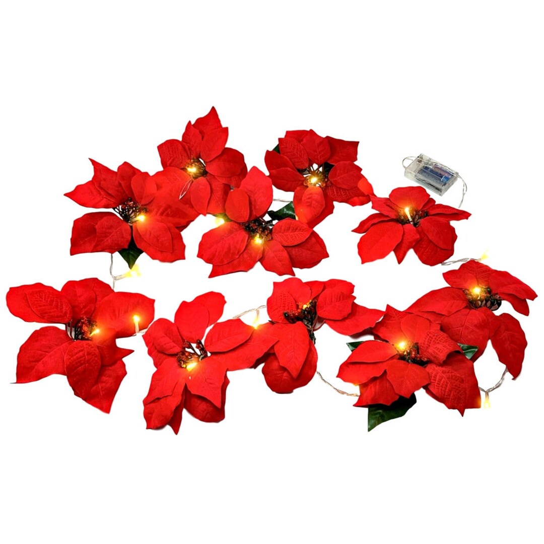 Poinsettia Flower Lighted Garland approx 90 Inches Red Poinsettias