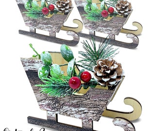 Woodland Christmas Sleigh Decorations - Set of 3 Sleighs with Pinecones and Berries - Each is 6" long. Natural Brown  #3448