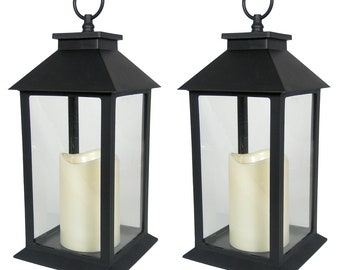 Decorative Black Candle Lantern - Set of 2 Crafting Lanterns Each with a LED Candle and 4-Hour Timer & Remote Controller - 13" H 9600-3