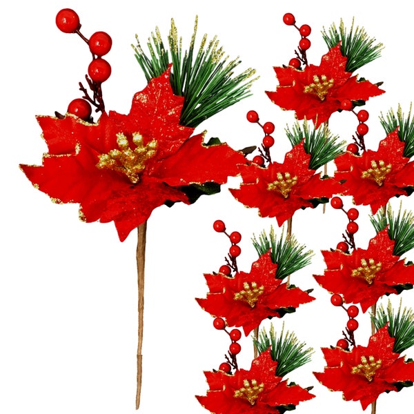 Red Poinsettia Christmas Picks - Set of 10 Holiday Sprays Red and Gold Trimmed Poinsettias - Berries and Pine Needle Accents #3369