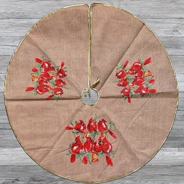 Red Cardinal Christmas Tree Skirt –About 27 Inch D Burlap Look Rustic Xmas Tree Holiday Decorations For Holiday Party Christmas Day 3599A