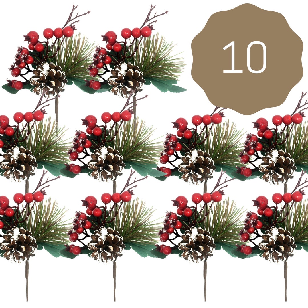 Christmas Floral Picks Set of 10 Stems With Snow Covered Pine Cones and