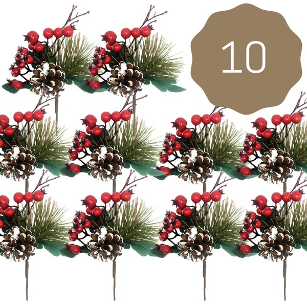 Christmas Floral Picks - Set of 10 Stems with Snow Covered Pine cones and Berries Artificial Floral Sprays Sprigs Approximately 9"L  #3365