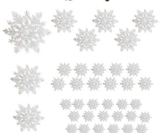 White Glittered Snowflakes - 42 Christmas Snowflakes Covered in White Glitter - Assorted Sizes of Small, Medium and Large Snowflakes  3539-6