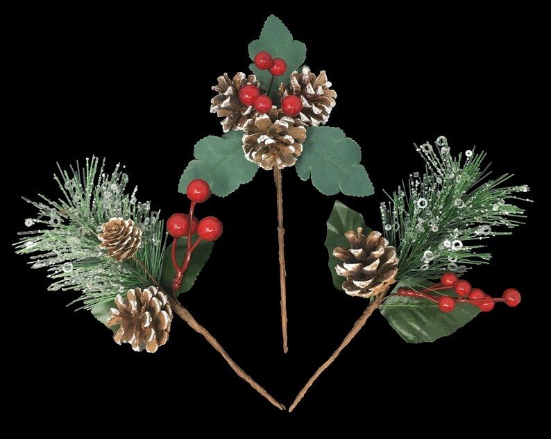 Assorted Christmas Pine Picks Set of 12 Red Berry Snow Etsy