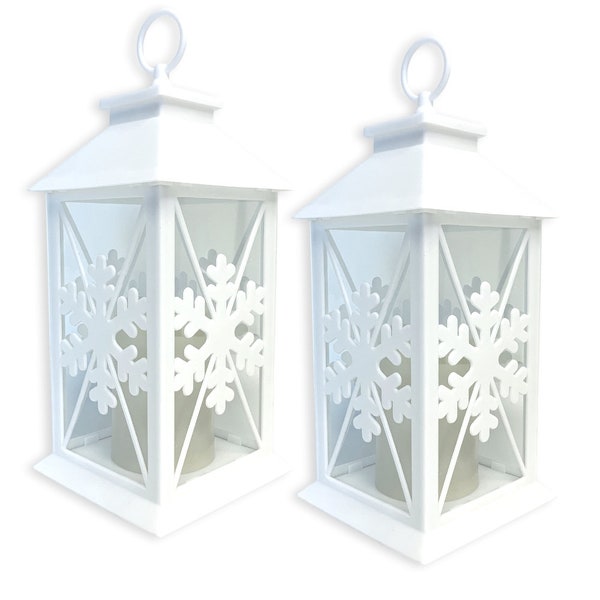 LED Snowflake White Lanterns with a Snow Flake Design Lighted Pillar Candle 5 Hour Timer Included in Each  13"H   #9602-2W
