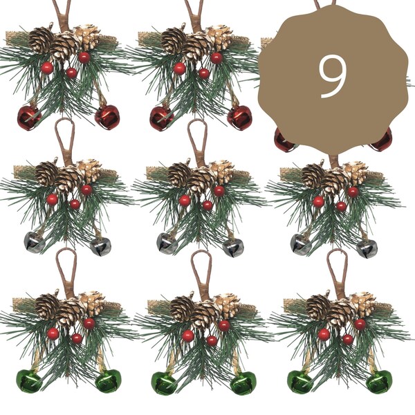 Pine cone and Berry Ornaments-9 pcs Pine Needle + Snow Covered Christmas Décor-Silver Green + Red Bells with Burlap Bows #3371