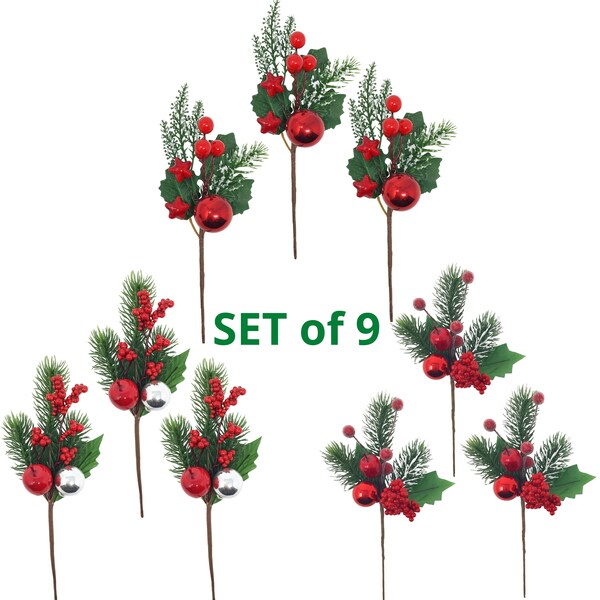 Set of 9 Christmas Seasonal Floral Picks with Berry Clusters Frosted Berries Stars Apple and Snow Tipped Greenery with Holly Leaves 3391