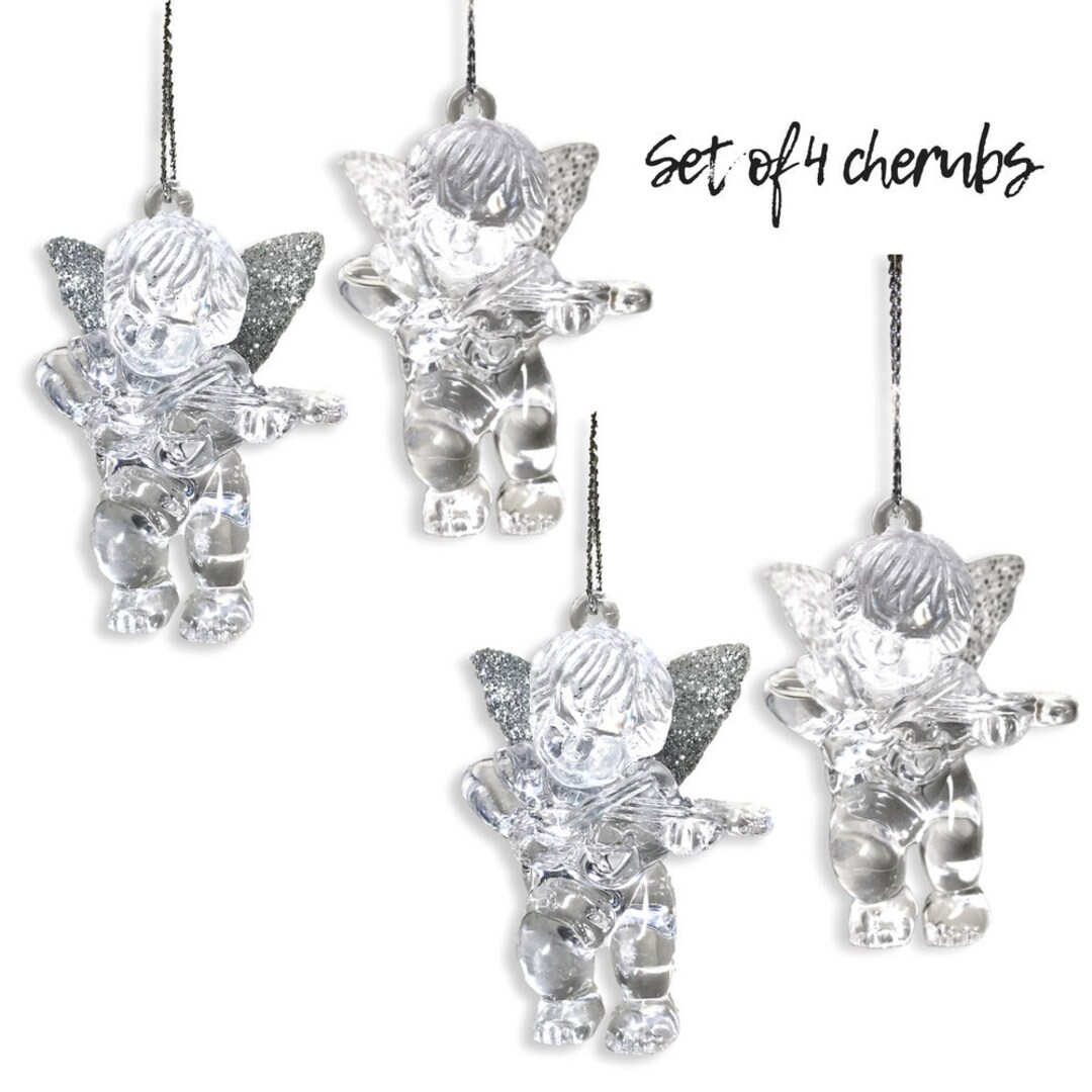 Angel Christmas Ornaments Set of 4 Cherub Angels With White and Silver Glittery Wings 2.5 Clear