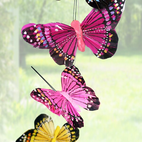 Butterfly Hanging Garland with Feather Wings - 9 Decorative Butterflies with Painted Feather Like Wings - Butterfly Decorations #3603