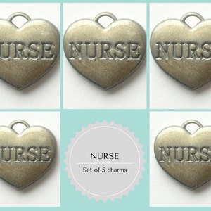 Nurse Heart Charms Set of 5 Brushed Silver Heart Charms with Nurse Engraved on Both Sides image 1