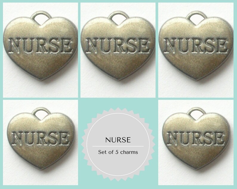 Nurse Heart Charms Set of 5 Brushed Silver Heart Charms with Nurse Engraved on Both Sides image 1