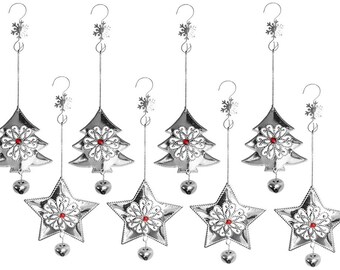 Stars and Trees Christmas Ornaments with Hooks–  8 Silver Ornaments and 8 Snowflake Hooks  #3527