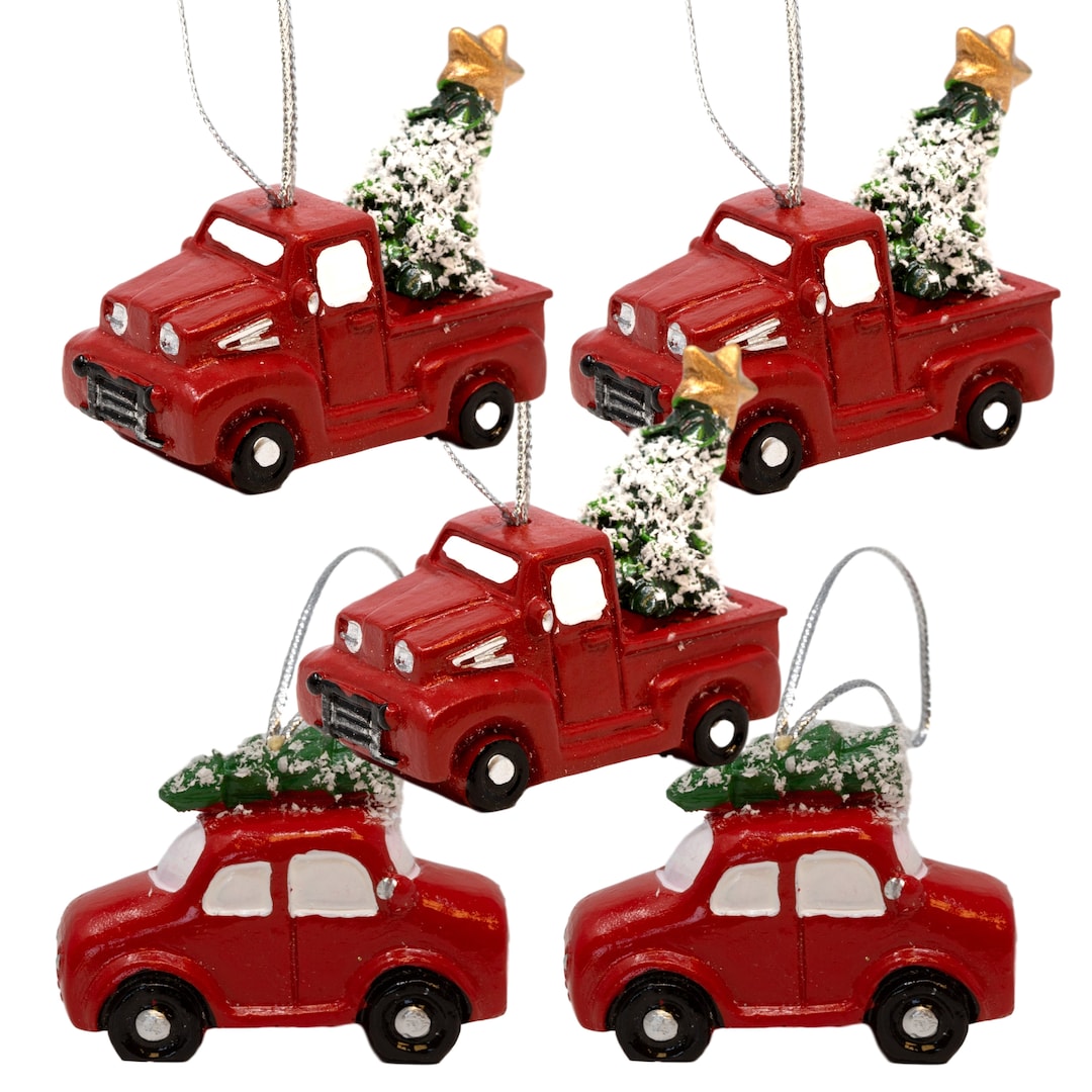 Red Truck Christmas Ornaments 3 Pickup Trucks and 2 Cars Carrying