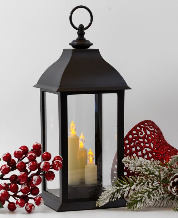 9 LED Battery Operated Black Lantern with Flameless Candle